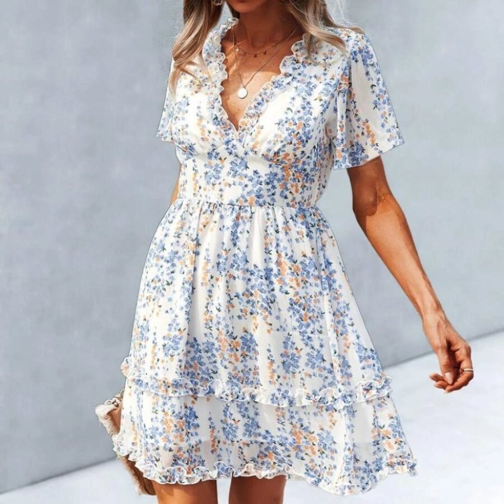 Boho Floral Print Frill Trim Dress cream Cottagecore - Picture 2 of 5